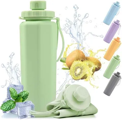 Immagine prodotto di Ibenzoa® Bottiglia d'acqua in silicone pieghevole, a prova di perdite, da 600 ml – ideale per lo sport, i viaggi e l'uso quotidiano