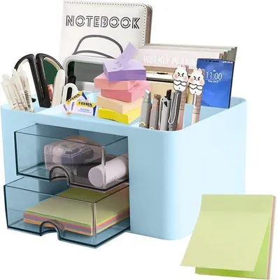 Produktbild von Famanu Schreibtisch Organizer mit 7 Fächern und Haftnotizen in Blau