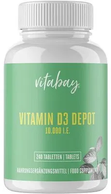 Produktbild von Vitabay – Vitamin D3 Depot 10000 I.E. – 240 Vegane Tabletten – Hochdosiert – Vitamin D3 Tabletten & Kapseln – Vit D – Vitamin D 10000