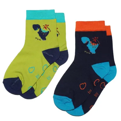 Produktbild von Kinder Socken 2-er Pack aus Baumwolle Kleine Dinos Marine und Kiwi Größe 27-30
