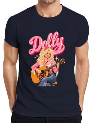 Immagine prodotto di Maglietta da uomo, stile retrò western, con immagine di Dolly Parton, cantante di musica country, che suona la chitarra, con scritta "Cowgirl". Colore: blu navy. Taglia: L