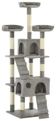 Imagen del producto de Katzenbaum de tres niveles, con dos casas y rampas, de color verde militar