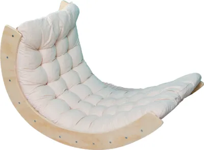A wooden rocking arch with a cream-colored cushion, presented against a white background.