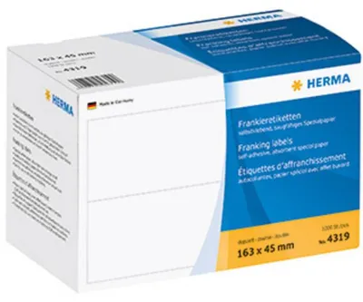 Image de Étiquettes adhésives HERMA 4319 pour machines à affranchir, double couche, 163 x 45 mm, boîte de 1000