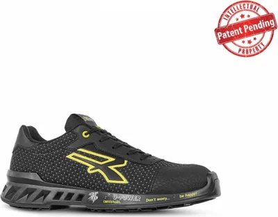 A black and yellow U-Power shoe is shown against a white background.