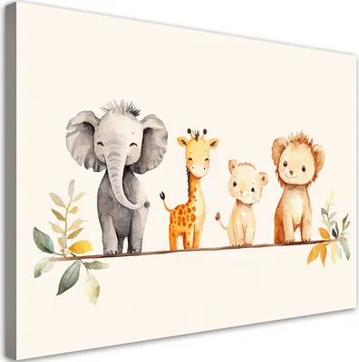 Immagine prodotto di Quadro su tela per cameretta dei bambini Animali africani colorati in beige 100x70 Feeby Quadro beige per la parete pronto per essere appeso