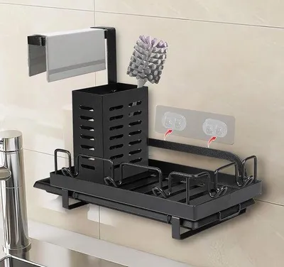 Zdjęcie produktu dla Organizer do zlewu z możliwością montażu w różnych miejscach i wyjmowaną miską na ścieki – organizer do zlewu Tidy z uchwytem na torby na śmieci i wyjmowaną miską na ścieki – wózek kuchenny i uchwyt na szczotki – czarny