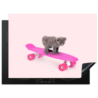 Produktbild von KitchenYeah© Herdabdeckplatte Katze - Kätzchen - Tiere - Skateboard - Rosa , 70x52cm, Küche Deko, Glaskeramikkochfeld Herdabdeckung, Abdeckplatte fùr Kochfeld