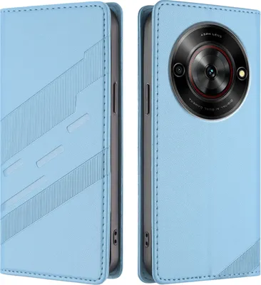 A light blue phone case is shown from two angles, front and back.