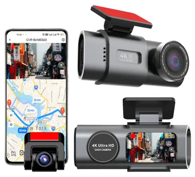 Immagine prodotto di Telecamera da cruscotto per auto con risoluzione 4K Ultra HD, doppia lente, visione notturna e scheda di memoria