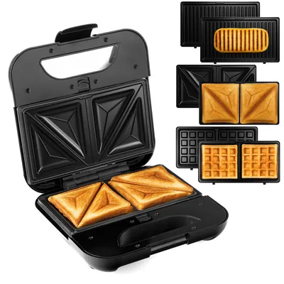 A collage showing a sandwich maker with different interchangeable plates, including sandwich, grill, and waffle plates. Some plates have food items on them.