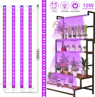 Produktbild von 4 Stäbe Pflanzenlichtstreifen für Zimmerpflanzen Pflanzenlampe LED Pflanzenlicht Vollspektrum mit Ein-/Aus-Timer 5 Helligkeiten Wachstumslampenleisten 30cm