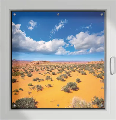 Produktbild von Wallario Lichtschutzbild, Dekorativer Sichtschutz Sonnenschutz 96 x 100 cm mit Motiv: Wüste in Arizona - blauer Himmel mit Wolken I - Verdunklung ohne Bohren