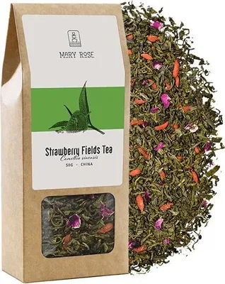 Produktbild von Mary Rose - Grüner Tee Strawberry Fields 50g - Mit Yunnan Tee, Erdbeere, Goji-Beeren, Rosenblüten - Fruchtig-Süß, Ausgewogen, Entspannend - China