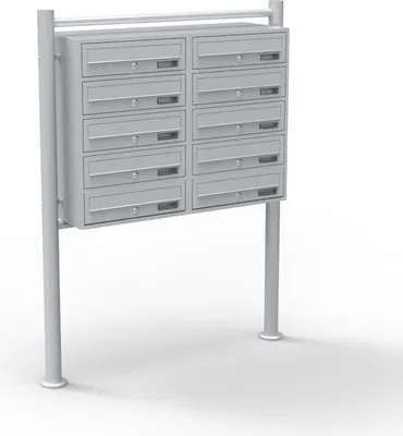 Produktbild von Wiltec 10er Briefkastenanlage silberfarben 945 x 270 x 1500 mm, Standbriefkasten mit 2x5 Fächern, Schlüssel und Namensschild, Briefkasten Postkasten mit Ständer