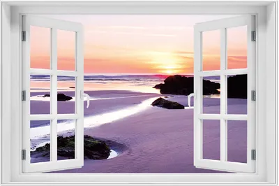 Produktbild von Wallario Wandbild mit Fenster-Illusion: Sonnenuntergang am einsamen Strand, Größe: 61 x 91,5 cm, Poster mit weißem Aluminiumrahmen