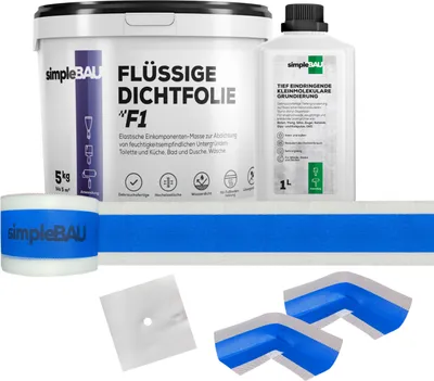 Produktbild von SimpleBau F1 Dichtset Flüssigdichtfolie gebrauchsfertig + Grundierung + elastisches Dichtband für Fugen und Ecken zum Abdichten von Bädern, 5kg +TF1L+DB5M+2INN+1WAN