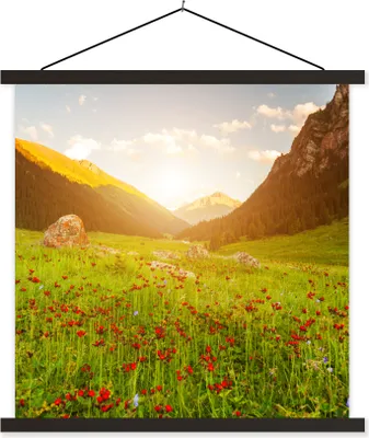 Produktbild von MuchoWow® Textilposter Blumen - Berg - Sonne 120x120 cm mit schwarzem Rahmen - Aufhängungsset