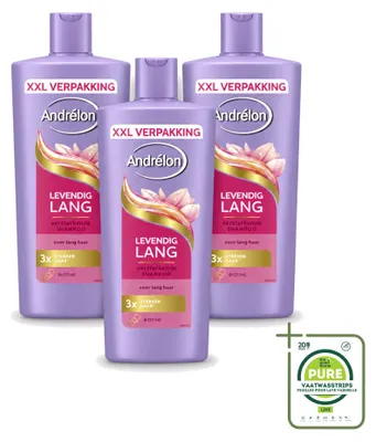 Imagen del producto de 3 botellas de champú Andrélon Levendig Lang, 685 ml cada una. Pack grande, 3 unidades