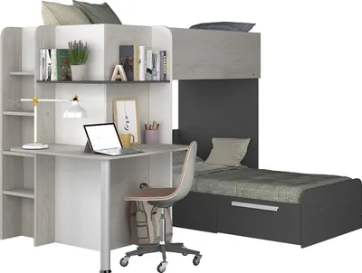 Immagine prodotto di Letto a soppalco angolare - 2 x 90 x 190 cm - con scrivania - bianco, nero e grigio - SAMUEL