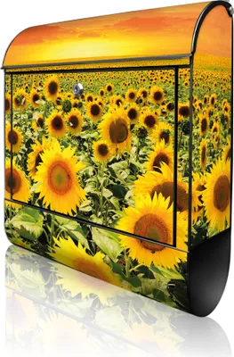 Produktbild von banjado Design Briefkasten Stahl schwarz mit Zeitungsfach pulverbeschichtet "Sonnenblumenmeer" 38x46x12,5cm & 2 Schlüssel - Postkasten A4 Einwurf inkl. Montagematerial [BKSCH 12283]