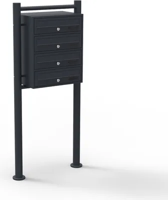 Zdjęcie produktu dla System skrzynek na listy Wiltec 4 czarny 270 x 513 x 1500 mm, wolnostojąca skrzynka na listy z 4 przegrodami, kluczem i tabliczką znamionową, skrzynka na listy ze stojakiem