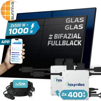 Produktbild von SUNNIVA® 1000W Balkonkraftwerk BIFAZIAL FULLBLACK komplett Steckdose HOYMILES 2x 400 Watt Wechselrichter, Komplettset 2x500W PV Solaranlage Solarmodule