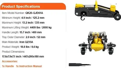 Zdjęcie produktu dla Podnośnik podłogowy, wytrzymała konstrukcja, mechanizm szybkiego podnoszenia, pojedynczy 2T