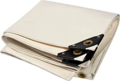 A folded white tarp with reinforced corners and grommets, presented on a white background.