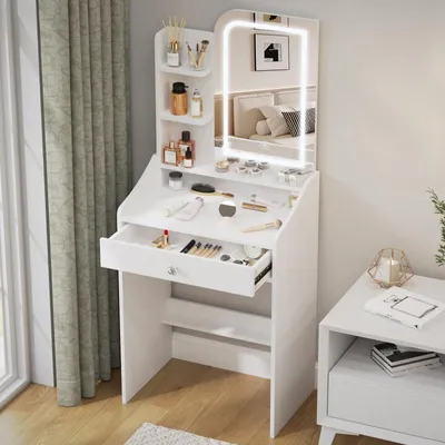 Obrázek produktu pro Toaletní stolek s LED zrcadlem - bílý - MDF - 62x40x150 cm - stolek na líčení