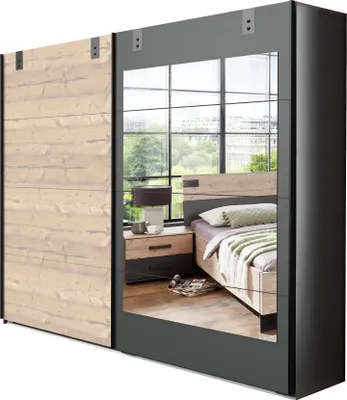 Produktbild von Komplettschlafzimmer "Malmö" aus Spanplatte in Graphit mit Absetzungen in Silver Fir-Nahcbildung. Abmessungen (B/H/T) 447x210x210 cm