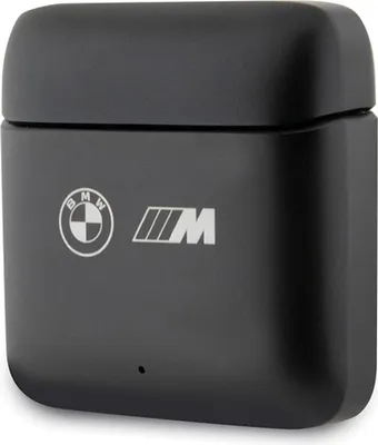 A black charging case for wireless earbuds with BMW and M logos.