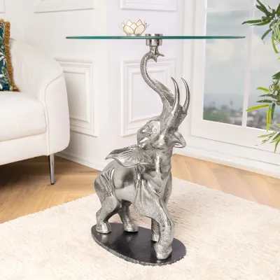 Obrázok produktu pre riess-ambiente Okrúhly príručný stolík ELEPHANT 80 cm strieborný kovový sklenený mramorový stolík
