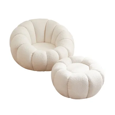 Produktbild von Drehbarer Sessel sofa Lounge-Sessel mit Hocker im Lammfellimitat – 2-teiliges Set, gemütlich & modern Weiß L100*B95*H68cm【SF10+SF62-white】