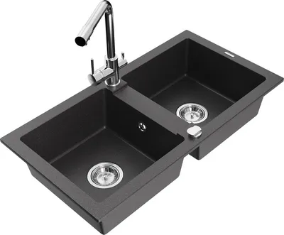 Produktbild von Mexen Mario 2-Becken-Granitspüle mit Mischbatterie Duero, Schwarz gesprenkelt - 6504-76-671600-00