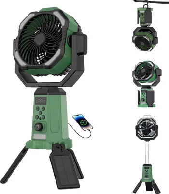 Produktbild von Solar-Campingventilator mit Licht und 20.000 mAh Akku (10 W) – 360° drehbar, höhenverstellbar und zusammenklappbar, inklusive Powerbank-Funktion für Picknick und Angeln