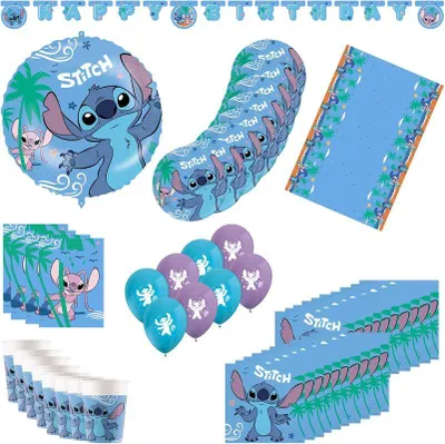 Produktbild von Partyset Stitch 55 tlg. Kindergeburtstag: 8 Pappteller, 8 Pappbecher, 20 Servietten, Tischdecke, Girlande, 8 Luftballons, Folienballon, 8 Partytüten