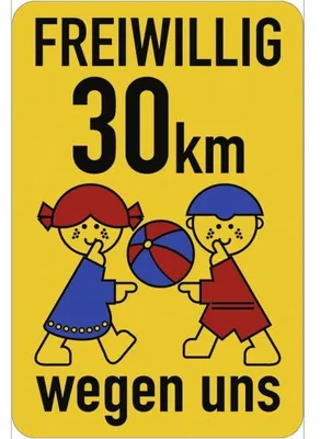 Produktbild von Dreifke® Schulwegschild "FREIWILLIG 30 km ... wegen uns" (mit Ball), Alu, 500...