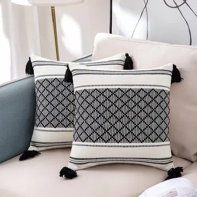 Produktbild von 2er Set Kissenbezug Baumwolle Kissenhülle Dekokissen Jacquard Quaste Dekorative Kissenbezüge Sofakissen für Sofa Couch Schlafzimmer Wohnzimmer Auto 45 x 45 cm