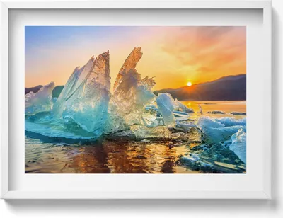 Produktbild von Eisstück bei Sonnenaufgang– Wandbild mit Rahmen – Gerahmtes Bild  – Wanddekoration – 70x50 cm –  Schwarz Rahmen
