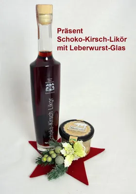 Produktbild von Geschenk-Set fertig verpackt Schoko-Kirsch-Likör mit Leberwurst-Glas