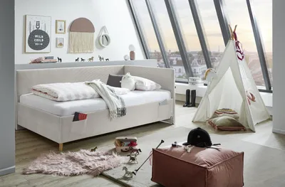 Produktbild von Meise Möbel Kinderbett Cool 120x200 cm | Bettgestell | Kopfteil & Rückenteil glatt | Cordstoff Nata | Holzfuß eiche