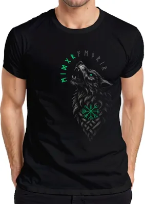 Produktbild von Wikinger Wolf Runen Vegvisir Nordisch Keltische Knoten Fenrir Herren T-Shirt, Schwarz, M