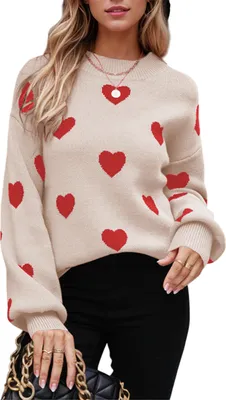 Produktbild von ASKSA Damen Pullover Rundhals Herz Grafik Strickpullover Langarm Winter Strickpulli Casual Herzdruck Strickpullover (Rosa,L)