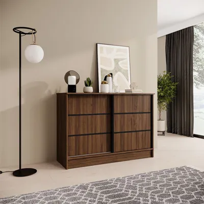 Produktbild von BEAUTYSOFA Kommode MIRELA 120 cm Warmia Walnuss, Sideboard mit 2 Schiebetüren, Highboard mit dekorativen Zierleisten, Moderne Anrichte, Viel Stauraum
