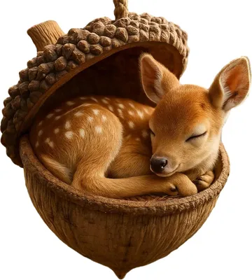 A baby deer sleeping inside an acorn.