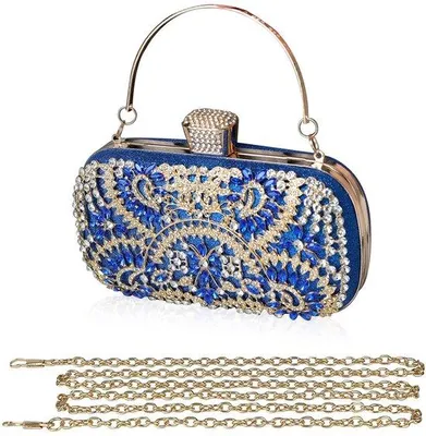 Produktbild von CORIOS Damen-Clutch mit Diamant-Strass, Abendtasche, Glitzer-Handtasche, kleine Umhängetasche, Tasche mit abnehmbarer Kette, elegante Schultertasche für Hochzeit, Party, Abschlussball, blau