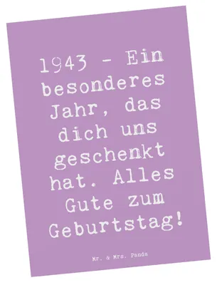 Produktbild von Mr. & Mrs. Panda Postkarte Spruch 1943 Geburtstag - Lavendeltraum - Geschenk, Jahr Feiern, Alles Gute zum, Geburtstagsgeschenk, historische Geburtstage, Glückwunsch