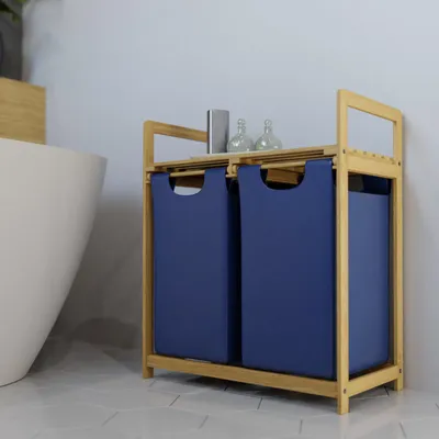 Produktbild von Bambus Wäschekorb Blau mit Ablage Wäschebehälter Sammler Sortierer Truhe Organizer Trenner 2x30L