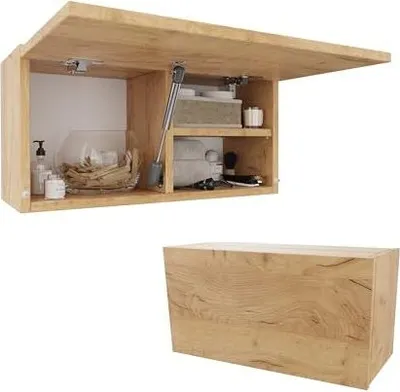 A wooden cabinet with its door open, showing internal shelves and items. Below it, a separate wooden box.